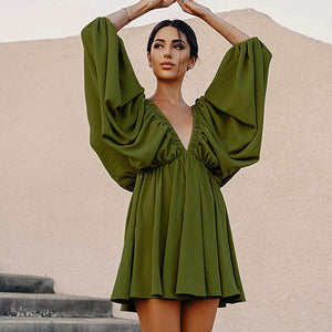 Women's Sexy Low Cut Backless long sleeve flowy under the knee short dress