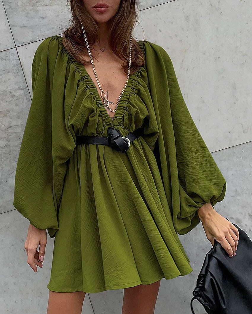 Women's Sexy Low Cut Backless long sleeve flowy under the knee short dress