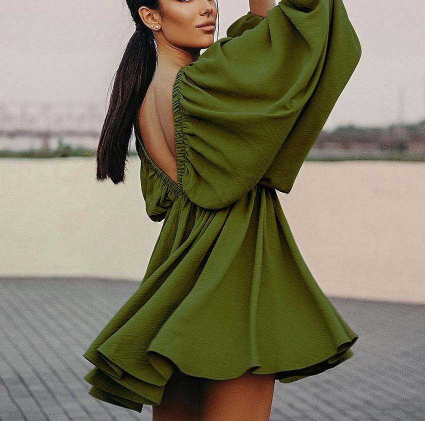 Women's Sexy Low Cut Backless long sleeve flowy under the knee short dress