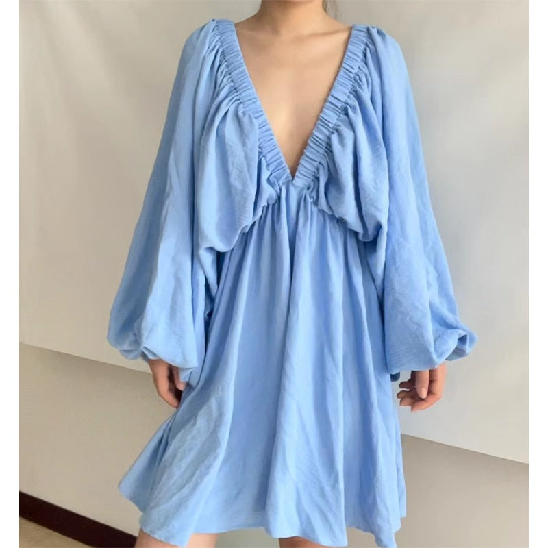 Women's Sexy Low Cut Backless long sleeve flowy short dress Blue / S Women's Sexy Low Cut Backless long sleeve flowy short dress Blue / S
