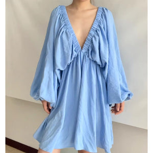 Women's Sexy Low Cut Backless long sleeve flowy short dress