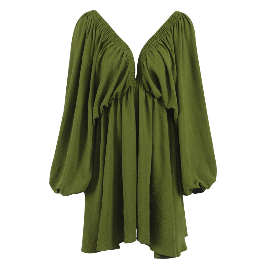Women's Sexy Low Cut Backless long sleeve flowy under the knee short dress