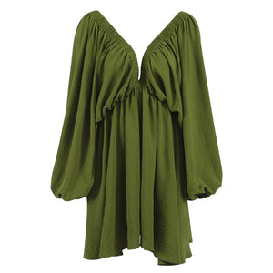 Women's Sexy Low Cut Backless long sleeve flowy under the knee short dress