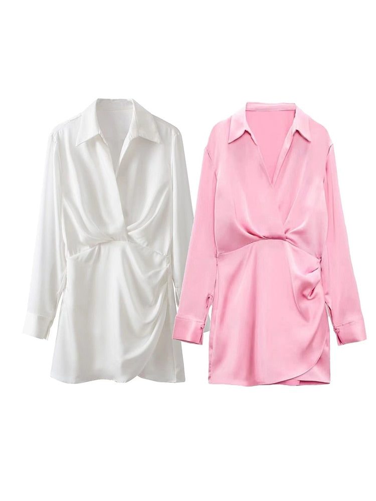 PB&amp;ZA Women 2022 Autumn New Chic Fashion silk satin texture Mini Dress Vintage Long Sleeve Female Dresses Vestidos Mujer