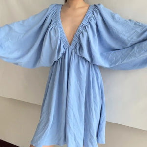 Women's Sexy Low Cut Backless long sleeve flowy short dress