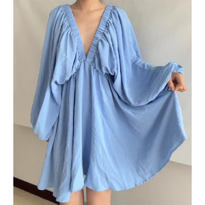 Women's Sexy Low Cut Backless long sleeve flowy short dress