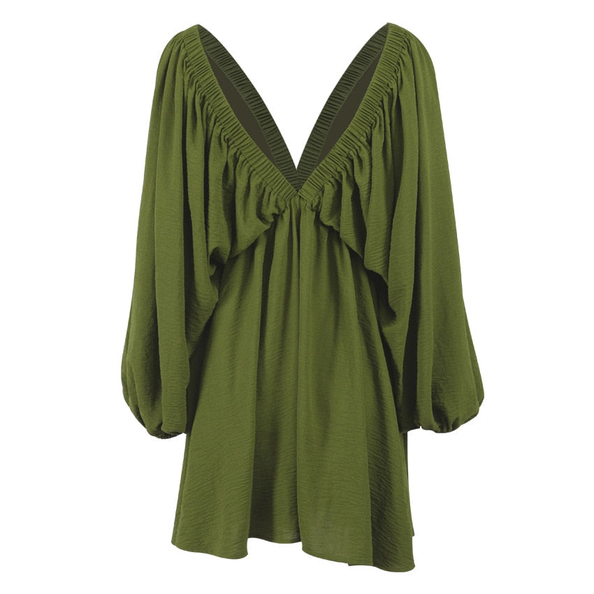 Women's Sexy Low Cut Backless long sleeve flowy under the knee short dress