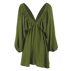 Women's Sexy Low Cut Backless long sleeve flowy under the knee short dress