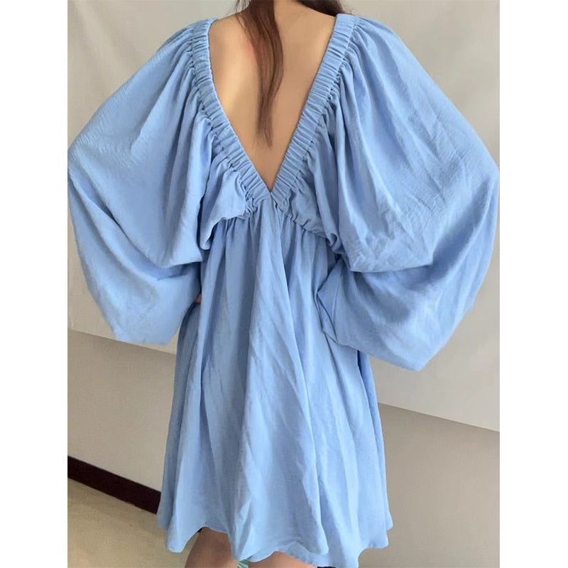 Women's Sexy Low Cut Backless long sleeve flowy short dress