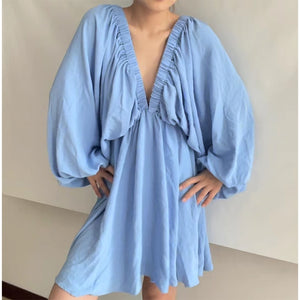 Women's Sexy Low Cut Backless long sleeve flowy short dress