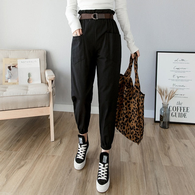 Women’s solid high waist loose cargo pants streetwear