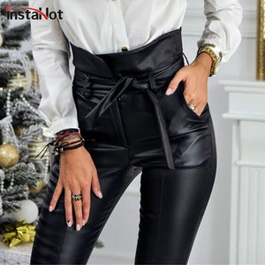 Pantalón lápiz de cintura alta con cinturón negro o dorado Mujer Cuero sintético