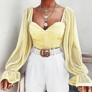 Sweet Blouse Women Puff Sleeve Ruffles Mesh Polka Dot Tops Vintage