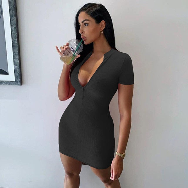 Bodycon Ribbed Dress Collar Zipper Deep V-neck