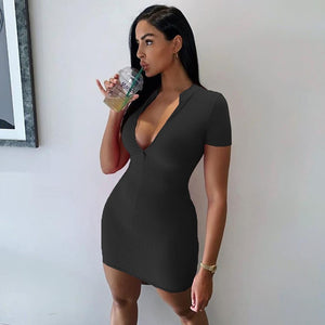 Bodycon Acanalado Cuello de vestir Cremallera Escote en V profundo