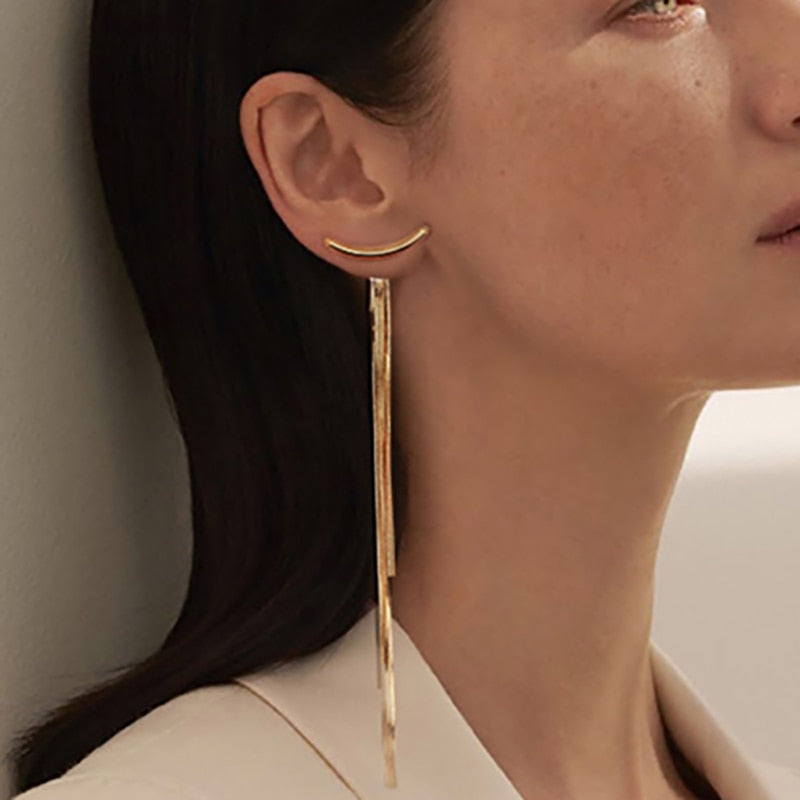 Vintage Gold Color Bar Long Thread Tassel Drop Earrings for