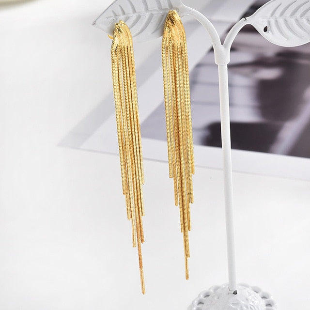 Vintage Gold Color Bar Long Thread Tassel Drop Earrings for