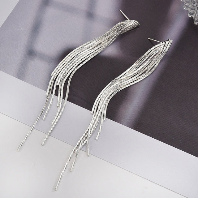 Vintage Gold Color Bar Long Thread Tassel Drop Earrings for