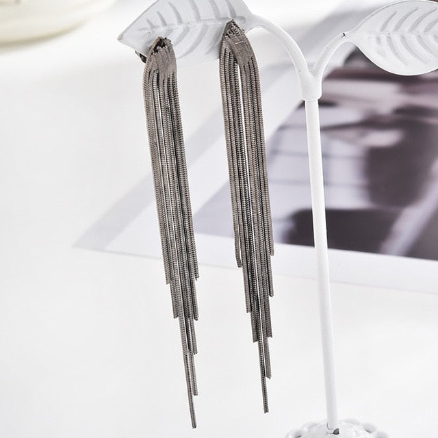 Vintage Gold Color Bar Long Thread Tassel Drop Earrings for