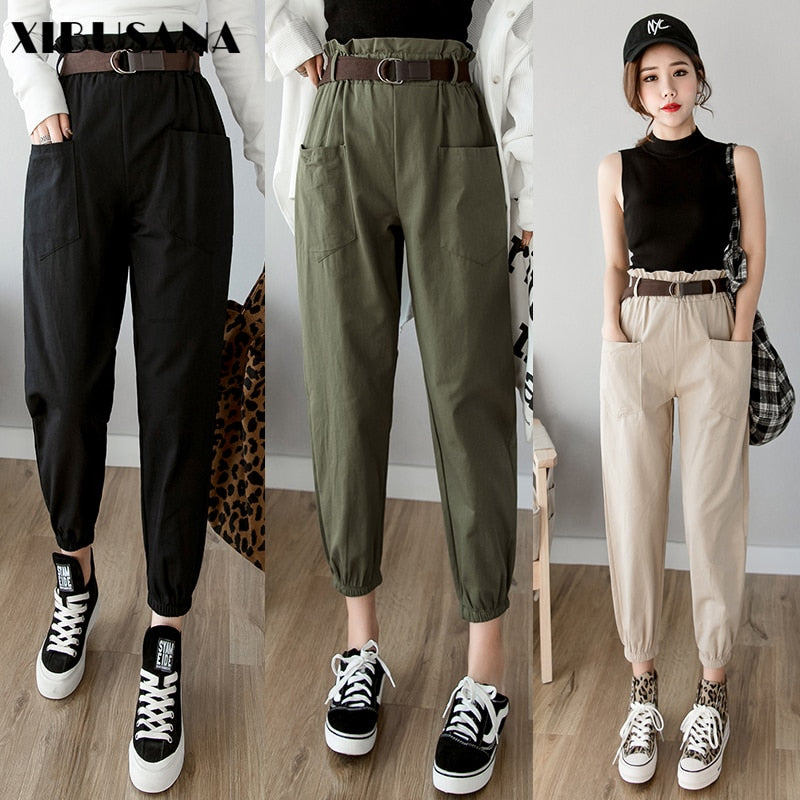 Women’s solid high waist loose cargo pants streetwear