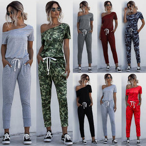 Women Summer Solid Color Jumpsuits Drawstring Design Pockets Decor Short Sleeve Mid Waist