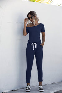 Women Summer Solid Color Jumpsuits Drawstring Design Pockets Decor Short Sleeve Mid Waist