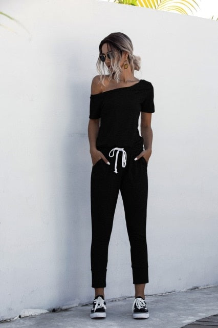 Women Summer Solid Color Jumpsuits Drawstring Design Pockets Decor Short Sleeve Mid Waist