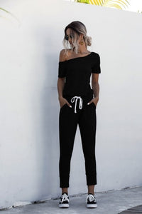 Women Summer Solid Color Jumpsuits Drawstring Design Pockets Decor Short Sleeve Mid Waist