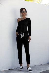 Women Summer Solid Color Jumpsuits Drawstring Design Pockets Decor Short Sleeve Mid Waist