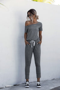 Women Summer Solid Color Jumpsuits Drawstring Design Pockets Decor Short Sleeve Mid Waist
