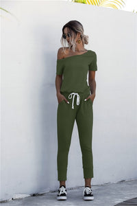 Women Summer Solid Color Jumpsuits Drawstring Design Pockets Decor Short Sleeve Mid Waist