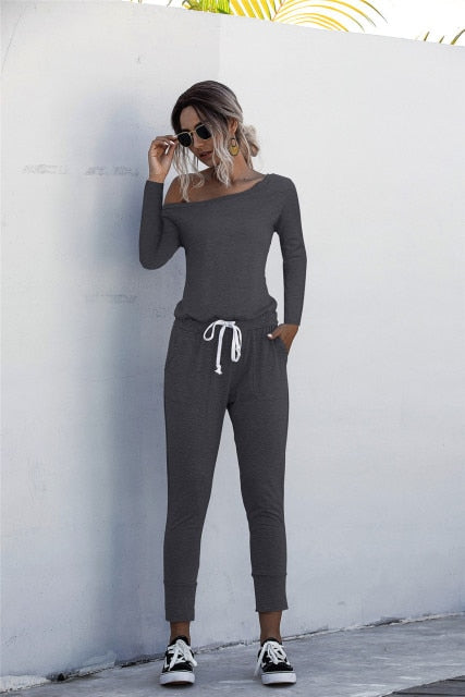 Women Summer Solid Color Jumpsuits Drawstring Design Pockets Decor Short Sleeve Mid Waist