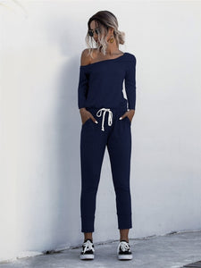 Women Summer Solid Color Jumpsuits Drawstring Design Pockets Decor Short Sleeve Mid Waist