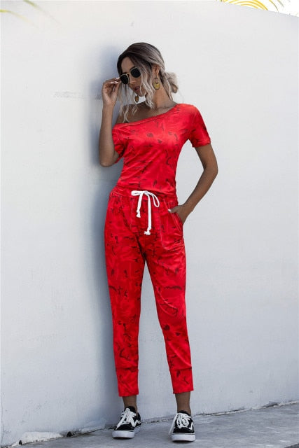 Women Summer Solid Color Jumpsuits Drawstring Design Pockets Decor Short Sleeve Mid Waist