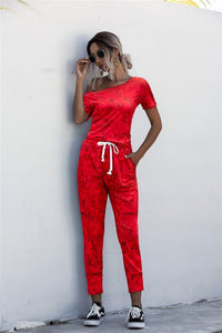 Women Summer Solid Color Jumpsuits Drawstring Design Pockets Decor Short Sleeve Mid Waist