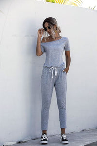 Women Summer Solid Color Jumpsuits Drawstring Design Pockets Decor Short Sleeve Mid Waist