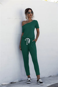 Women Summer Solid Color Jumpsuits Drawstring Design Pockets Decor Short Sleeve Mid Waist