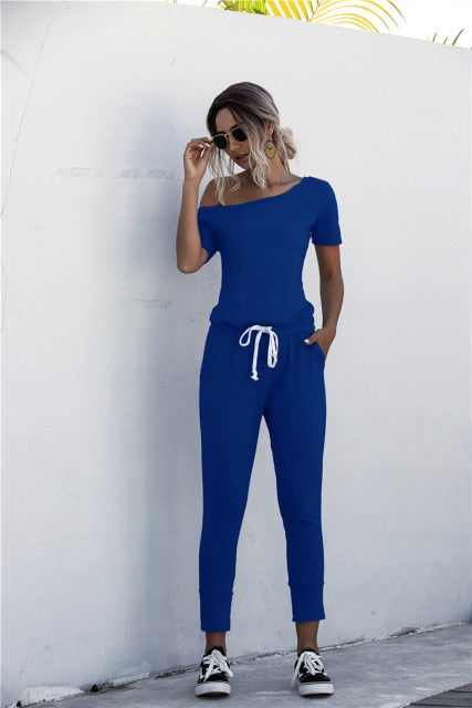 Women Summer Solid Color Jumpsuits Drawstring Design Pockets Decor Short Sleeve Mid Waist