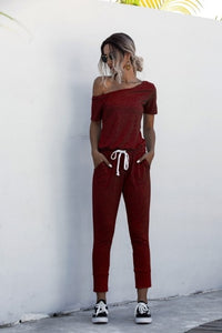 Women Summer Solid Color Jumpsuits Drawstring Design Pockets Decor Short Sleeve Mid Waist